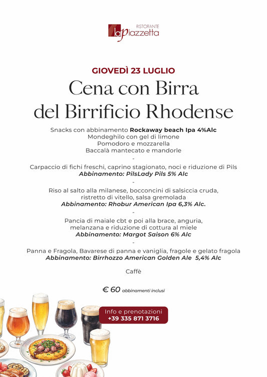 Cena con la mia Birra Artigianale al Ristorante La Piazzetta di Origgio – Giovedì 23 Luglio